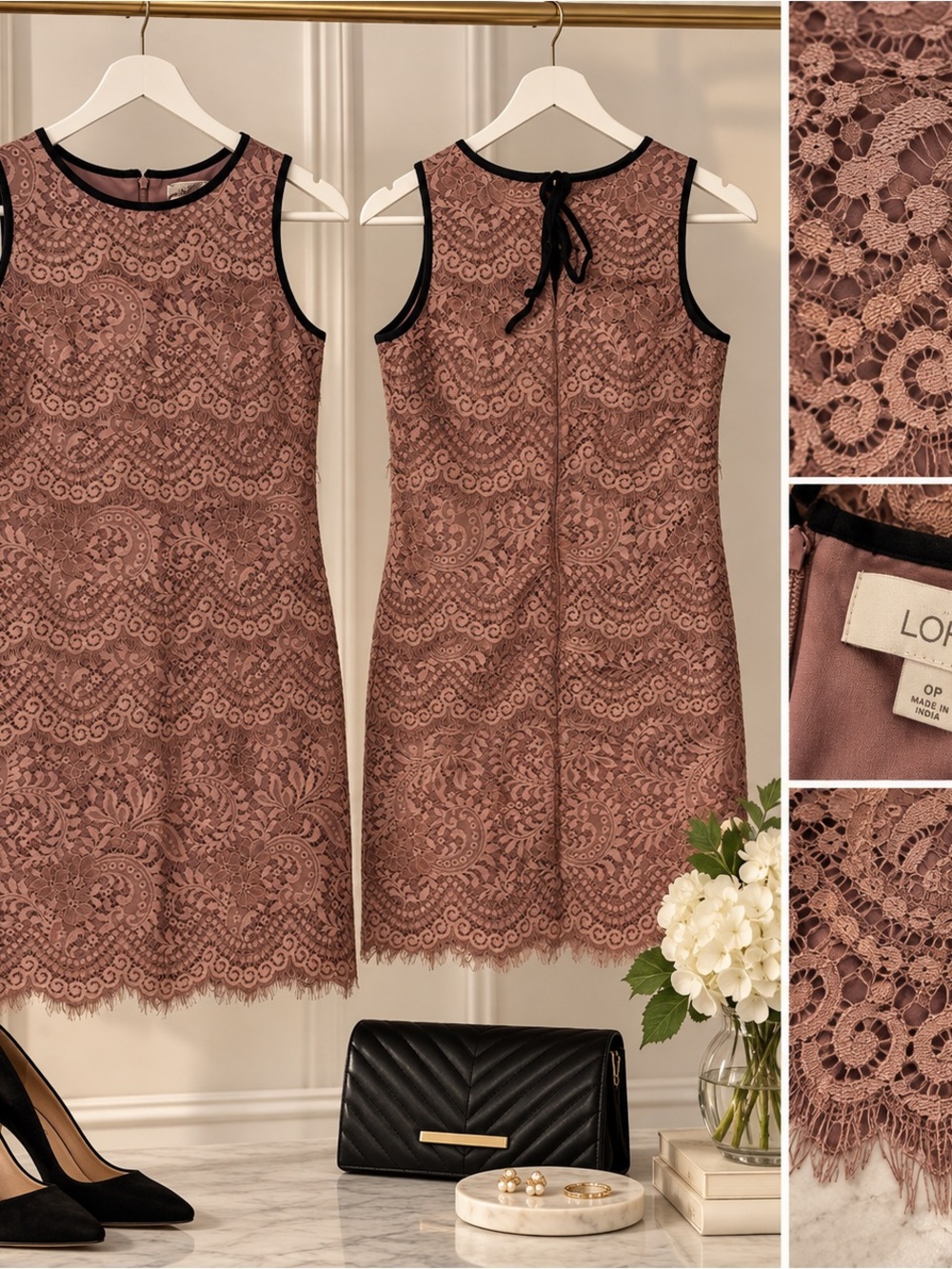 LOFT Petites Mauve Lace Shift Dress Black Trim Cocktail Wedding Guest